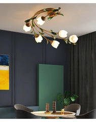 Gold Floral Semi-Flush Ceiling Light with Glass Shades