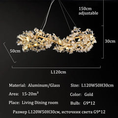 Chandelier with dimensions and specifications on a black background