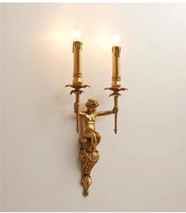 Decorative gold wall sconce with classical design on a plain background