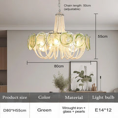 Gold Glass Beaded Chandelier with Pearl Strings Pendant Light