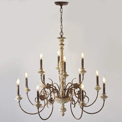 Distressed Wood Candle Chandelier with Floral Accents