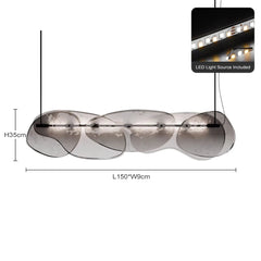 Layered gray glass pendant light with dimensions and LED light source information.