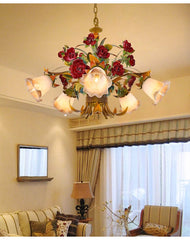 Gold Metal Rose Bud Chandelier with Frosted Glass Bell Shades