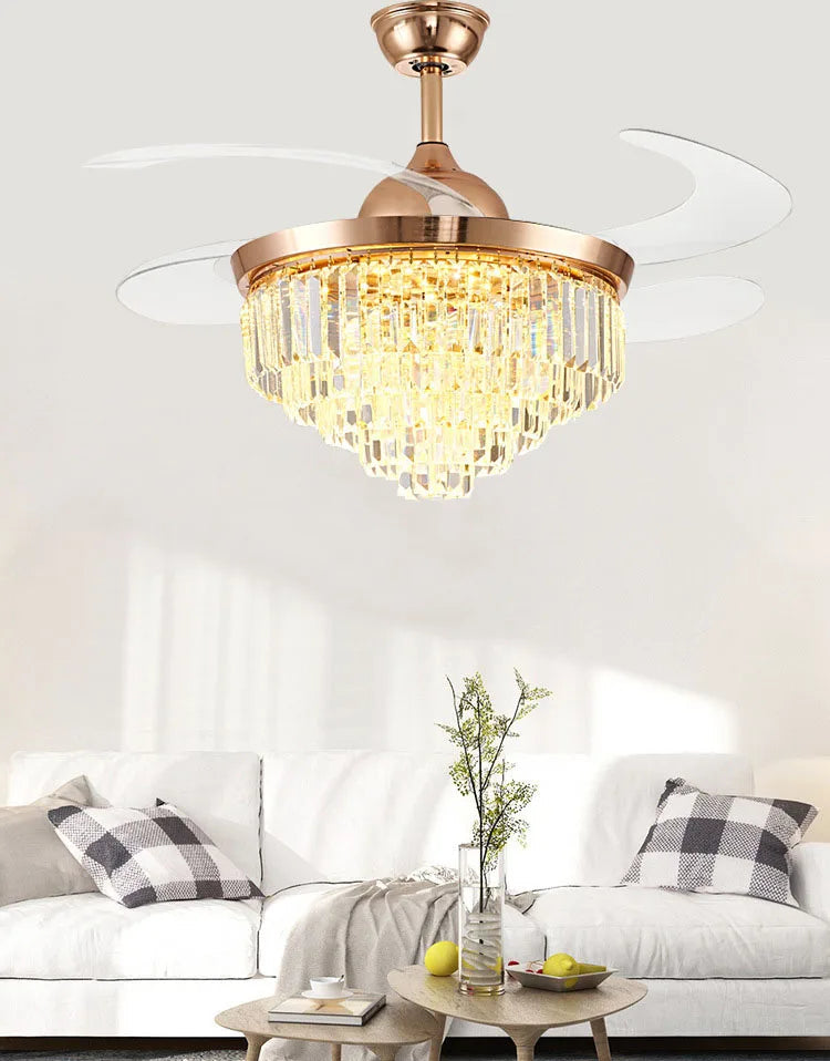 Ceiling fan with crystal light fixture in a living room setting