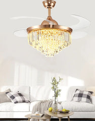 Ceiling fan with crystal light fixture in a living room setting