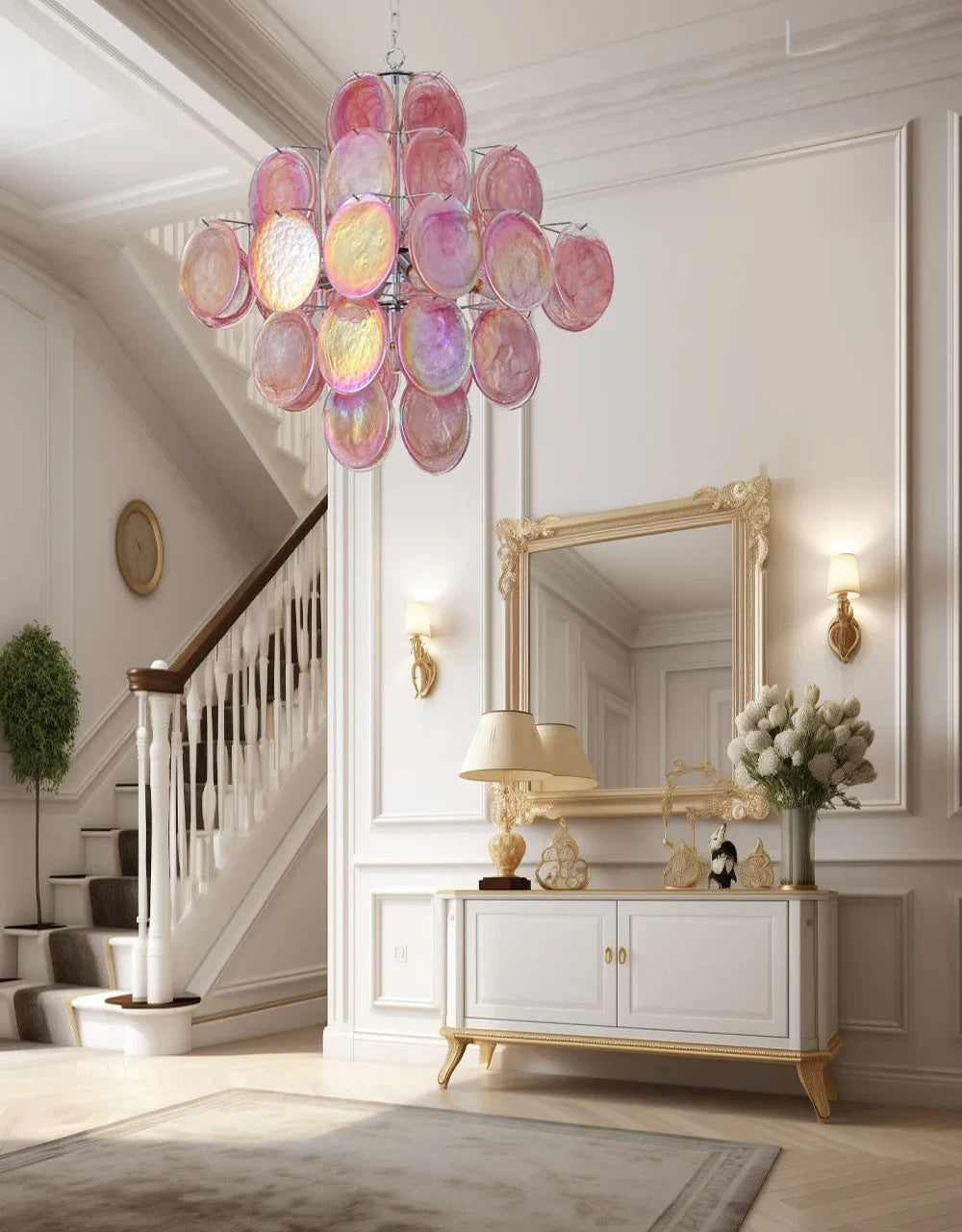 Luxurious interior with a colorful chandelier, mirror, and decorative items.