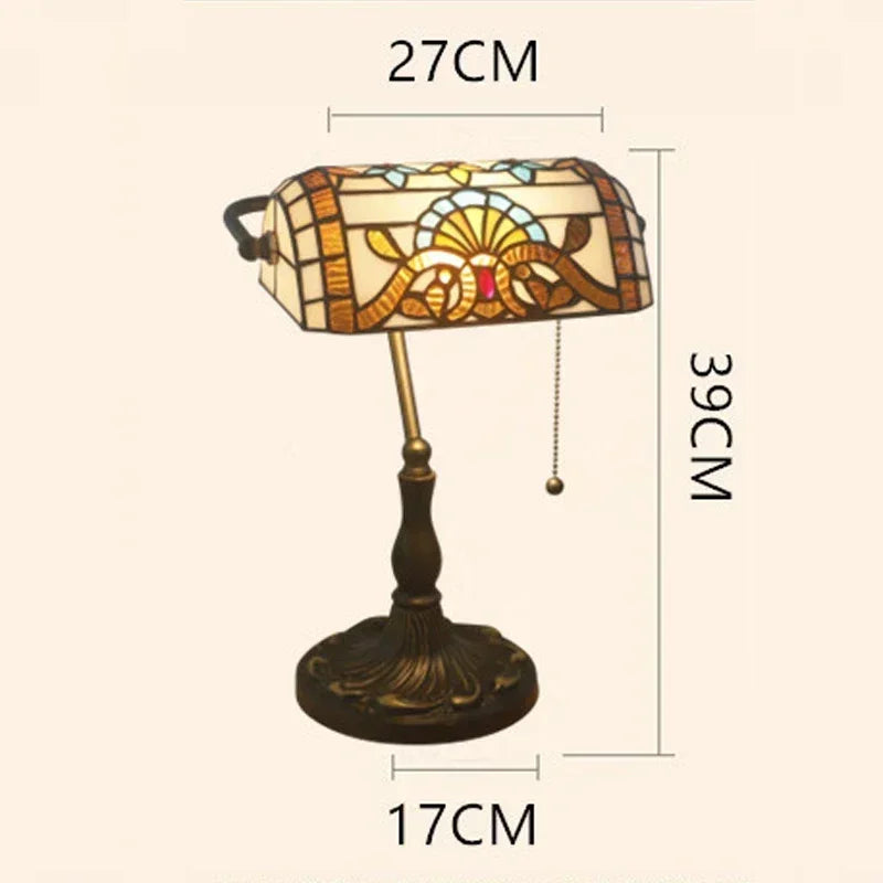 A stained glass table lamp with dimensions indicated: 27cm width, 39cm height, and 17cm base width.