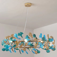 Gold Ginkgo Leaf Ring Pendant Light Fixture with Amber Glow