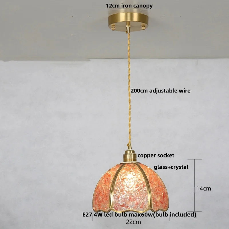 Pendant light with measurements and details on a white background