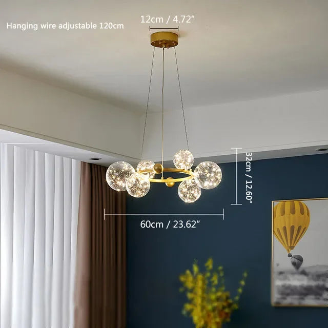 Chandelier with adjustable hanging wire in a room setting