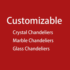 Red background with white text listing customizable chandeliers.
