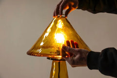 Amber Glass Mushroom Table Lamp with Textured Base and Frosted Shade