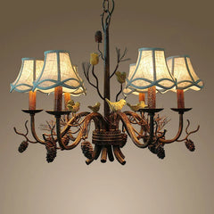 Gold Floral Bird Pine Cone Chandelier with Bell Shades