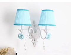 White Metal Rose Sconce with Pink Pleated Shades and Crystal Drop