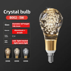 Crystal bulb with specifications on a dark background