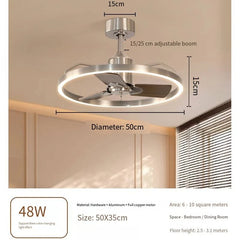 Ceiling fan with dimensions and specifications on a neutral background