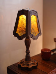 Black Walnut Wood Lamp with Amber Frosted Glass Shade