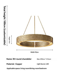 Round chandelier with dimensions and material details on a white background