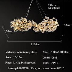 Chandelier with dimensions and specifications on a black background