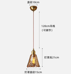 Vintage pendant light dimensions and specifications on a white background
