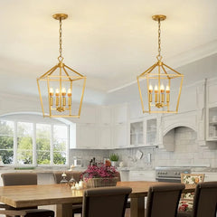 Gold Geometric Cage Pendant Light Fixture Floral Stems Glass Shades