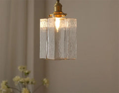 Brass Square Pendant Light with Textured Amber Glass Shade