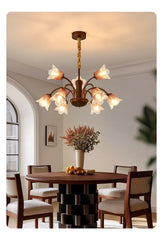 Bronze Floral Chandelier Pendant Light with Frosted Glass Bell Shades