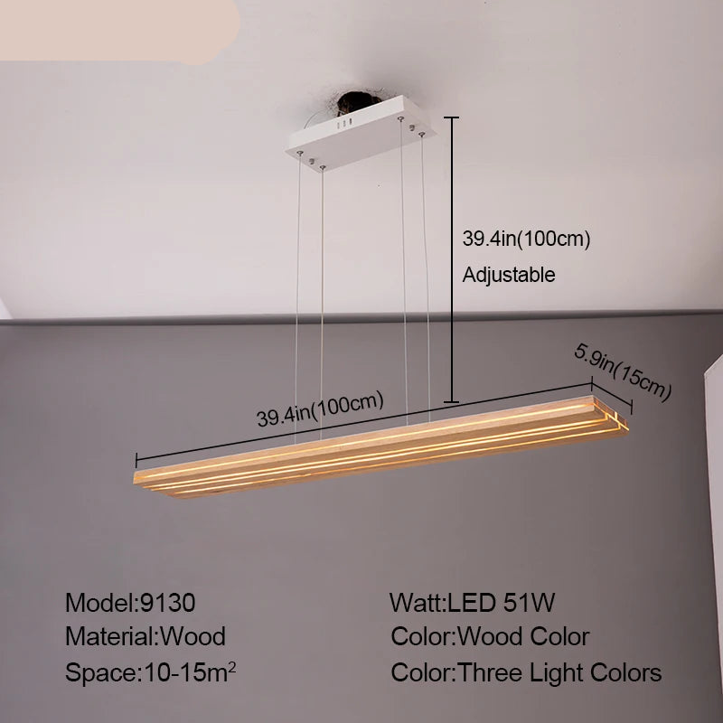 LED pendant light with dimensions and specifications on a grey background