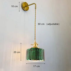 Green Fluted Glass Pendant Light with Polished Brass Accents