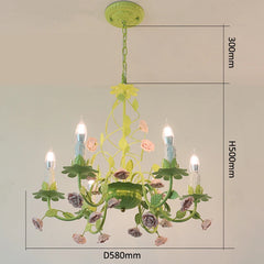 Green floral ceramic chandelier with dimensions indicated, showing a height of 500mm and diameter of 580mm.