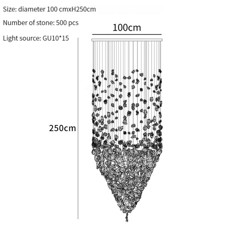 Measurement chart of a decorative chandelier with dimensions and stone count.