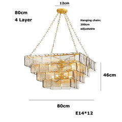 Tiered Amber Glass Chandelier with Brushed Gold Finish Metal Frame