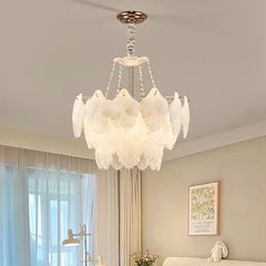 Frosted White Glass Leaf Tiered Chandelier with Crystal Accents