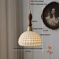 Pendant light with detailed measurements and features on a neutral background