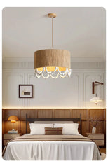 Jute Drum Pendant Light with Natural Wood Beads Accent