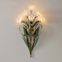 Gold Floral Sconce Frosted Glass Bell Shades Green Leaf Accents