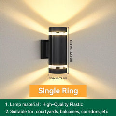 Wall-mounted outdoor light fixture with dimensions and material details on a neutral background