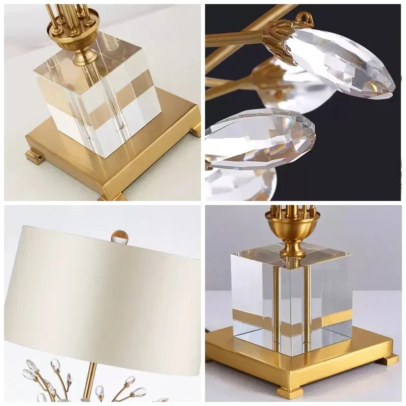 Collage of a decorative lamp with gold and crystal accents on a white background.