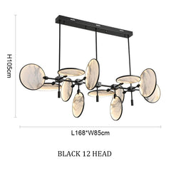 Modern chandelier with black frame and beige glass shades, featuring dimensions on a white background.