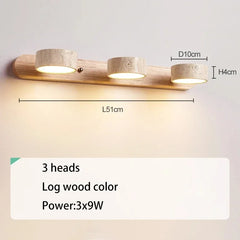 Ceiling light fixture with three heads in log wood color, dimensions displayed.