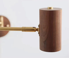 Adjustable Brass Swing Arm Sconce with Natural Wood Cylinder Shade