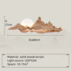 Wooden wall light fixture with dimensions and material details on a gray background