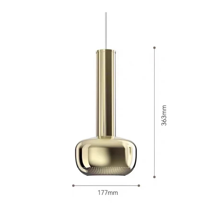 Gold pendant light with dimensions on a white background