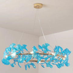 Gold Ginkgo Leaf Ring Pendant Light Fixture with Amber Glow