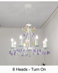 White Metal Chandelier with Rose Buds and Purple Crystal Drops