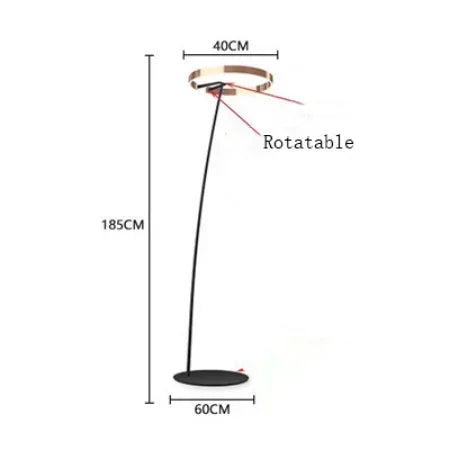 Measurement chart of a floor lamp with dimensions and rotation capability on a white background