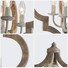 Collage of wooden chandelier parts on a white background