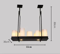 Modern pendant light with dimensions displayed on a gray background