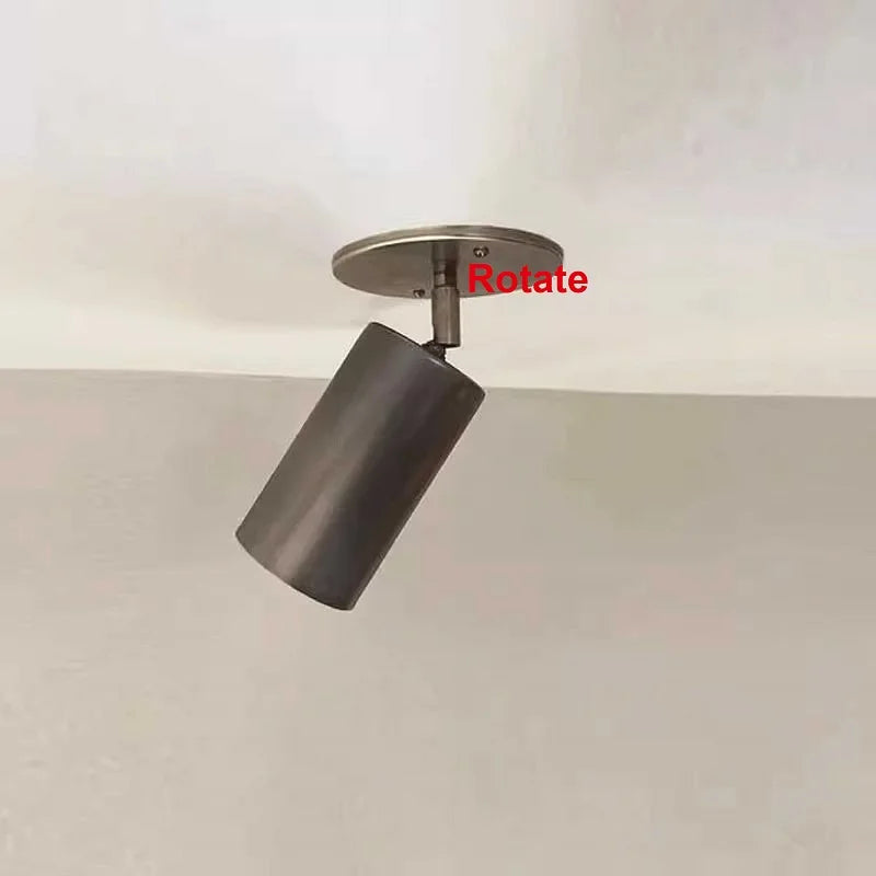 A dark gray cylinder spotlight with a brushed finish mounted on a white ceiling, showing its adjustable joint.
