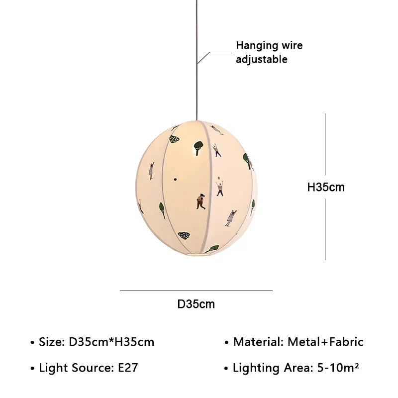 Pendant light with dimensions and features on a white background